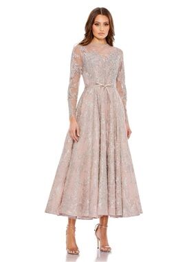 Mac Duggal 20337 Embellished Bow Belt Illusion Long Sleeve A Line Dress Size 22